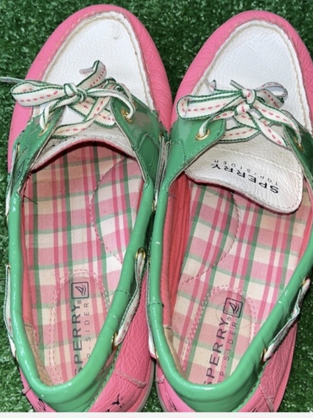 Sperry Pink Green White Plaid-Trim Boat Shoes